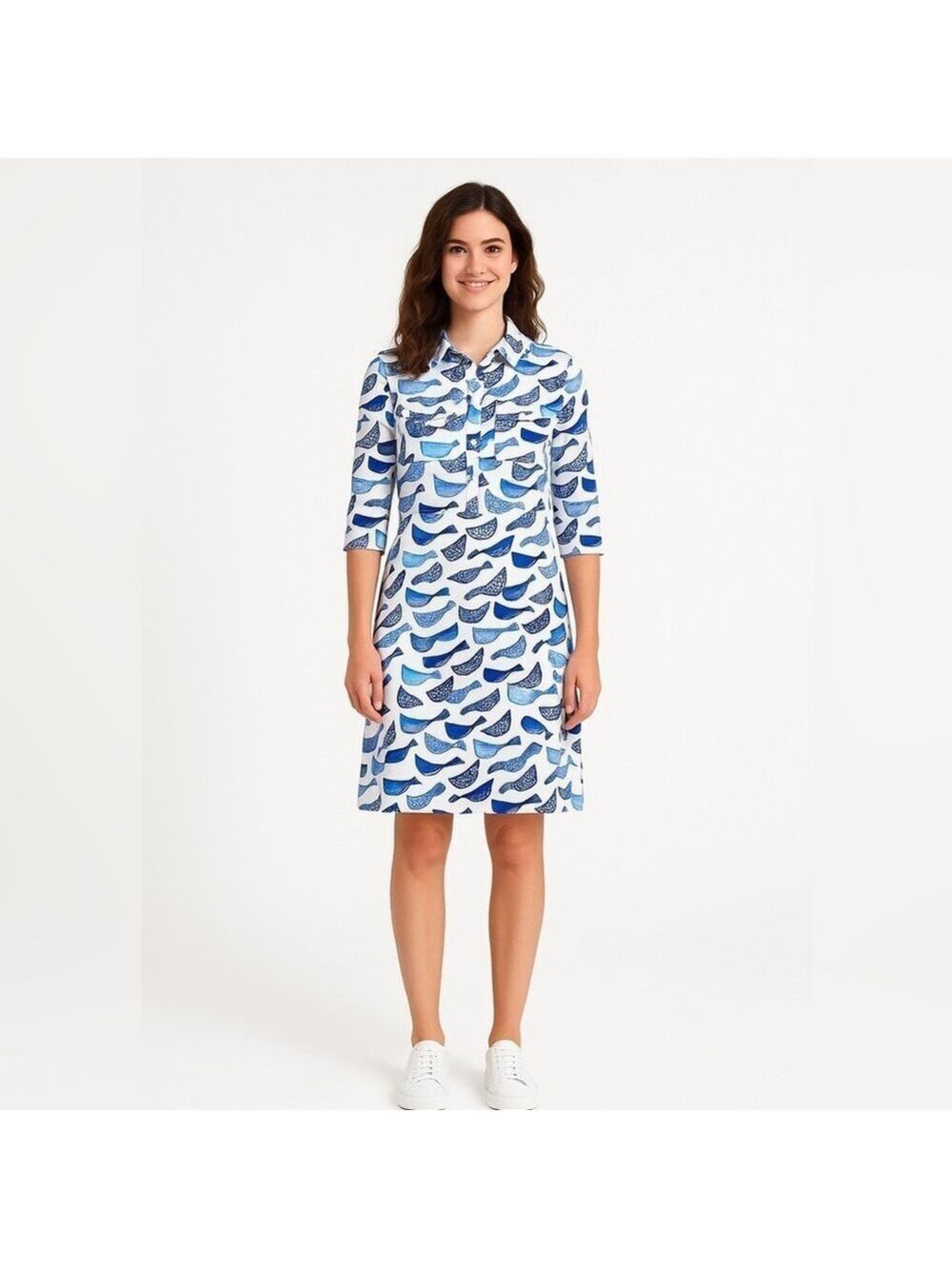 PERSIFOR Jersey Knit ‘Winpenny’ Shirt Dress Midi Length Blue White Print Sz XL